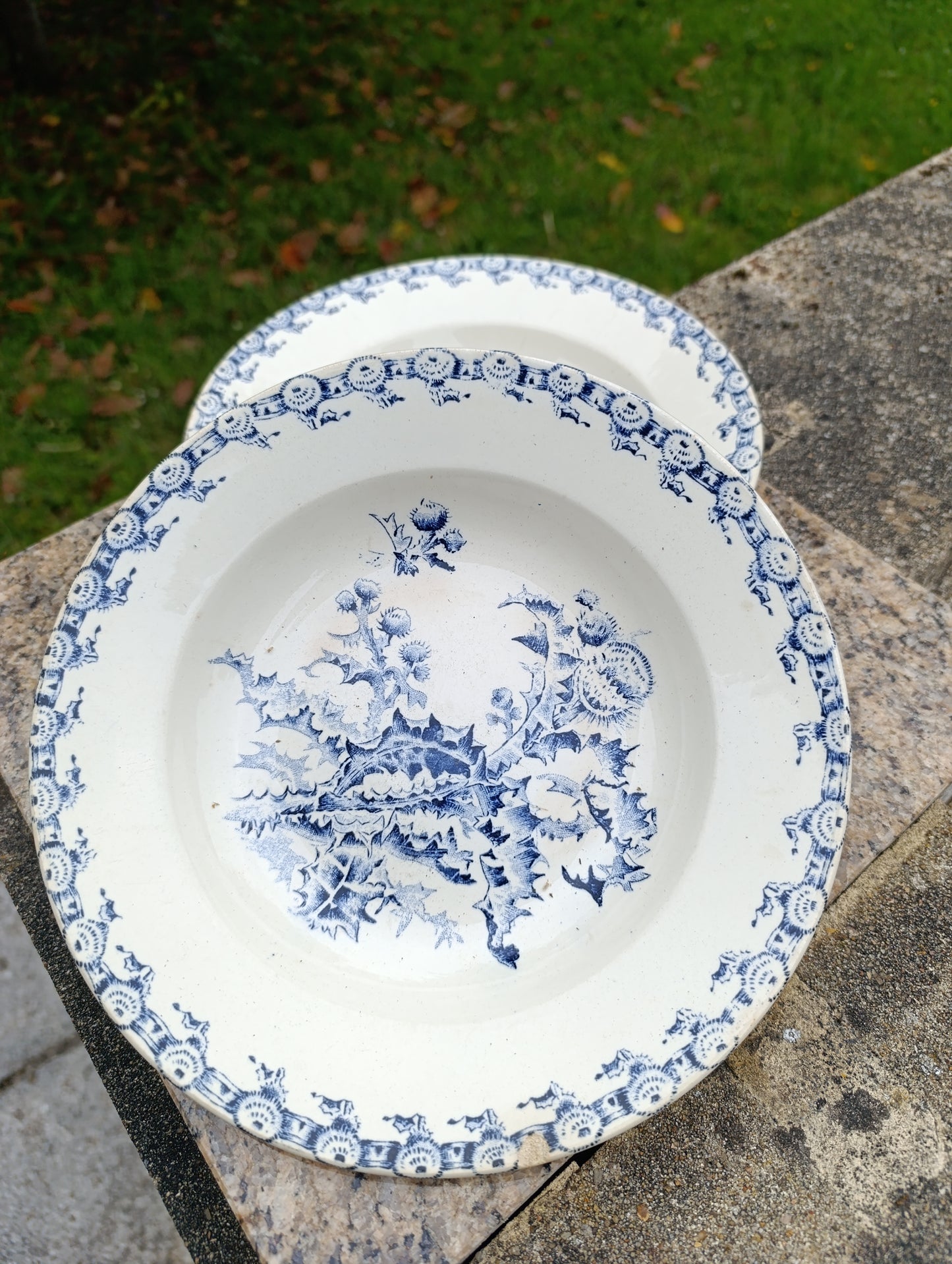 Lot de 2 assiettes creuses anciennes Gien Chardons bleu blanc vintage