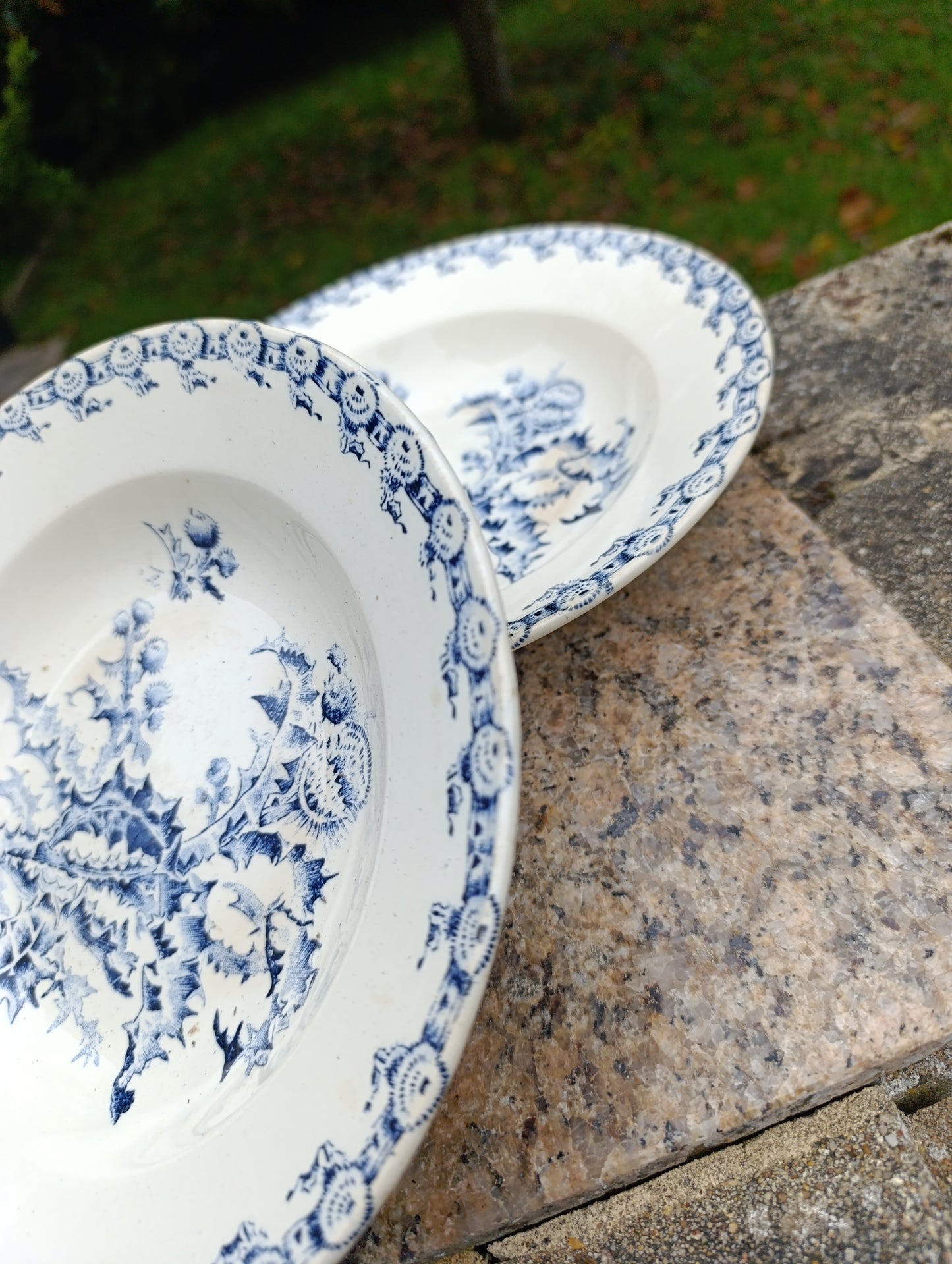 Lot de 2 assiettes creuses anciennes Gien Chardons bleu blanc vintage