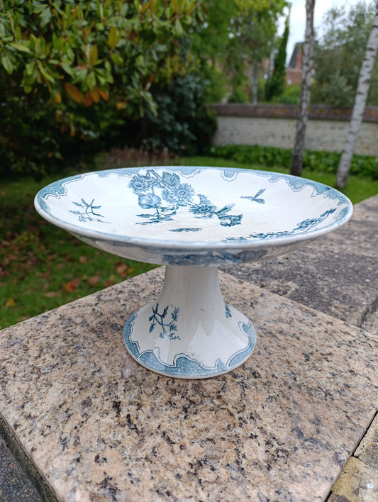 Compotier ancien sur pied en faïence Longwy – décor floral bleu – coupe haute vintage