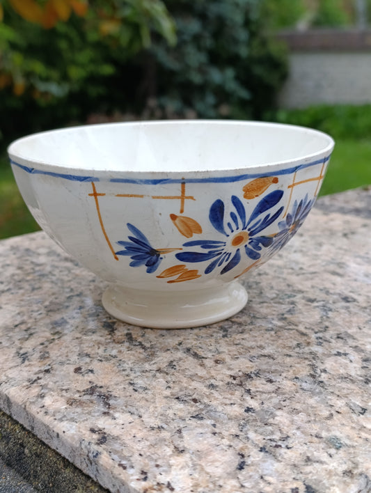Bol ancien céramique fleurie bleu et jaune – décoration rustique vintage campagne chic