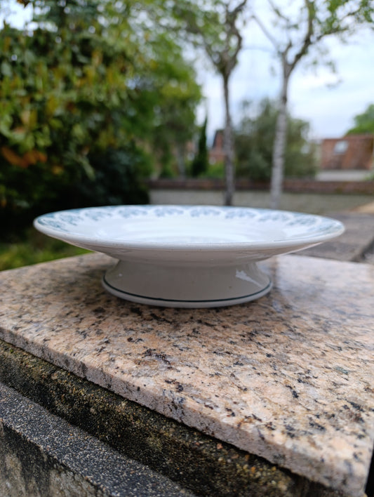 Compotier ancien Saint-Amand décor bleu – faïence française vintage sur piédouche