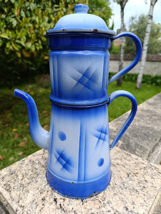 Grande cafetière ancienne émaillée bleue décor géométrique vintage