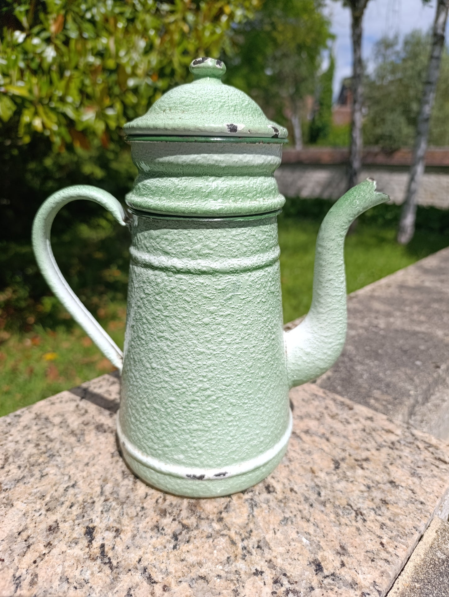Cafetière ancienne émaillée vert pastel vintage déco cuisine campagne collection