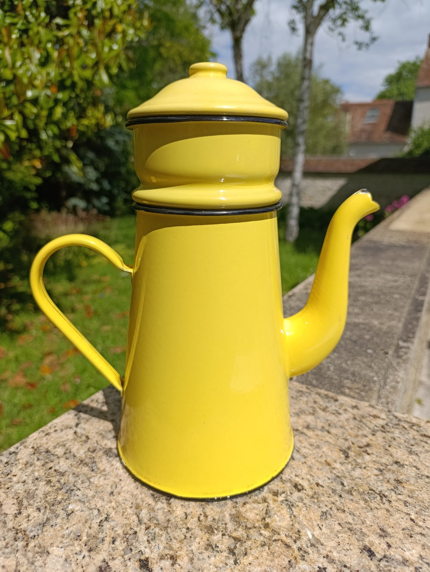 Ancienne cafetière émaillée jaune – cafetière filtre vintage en métal émaillé