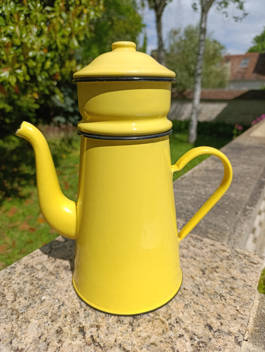 Ancienne cafetière émaillée jaune – cafetière filtre vintage en métal émaillé