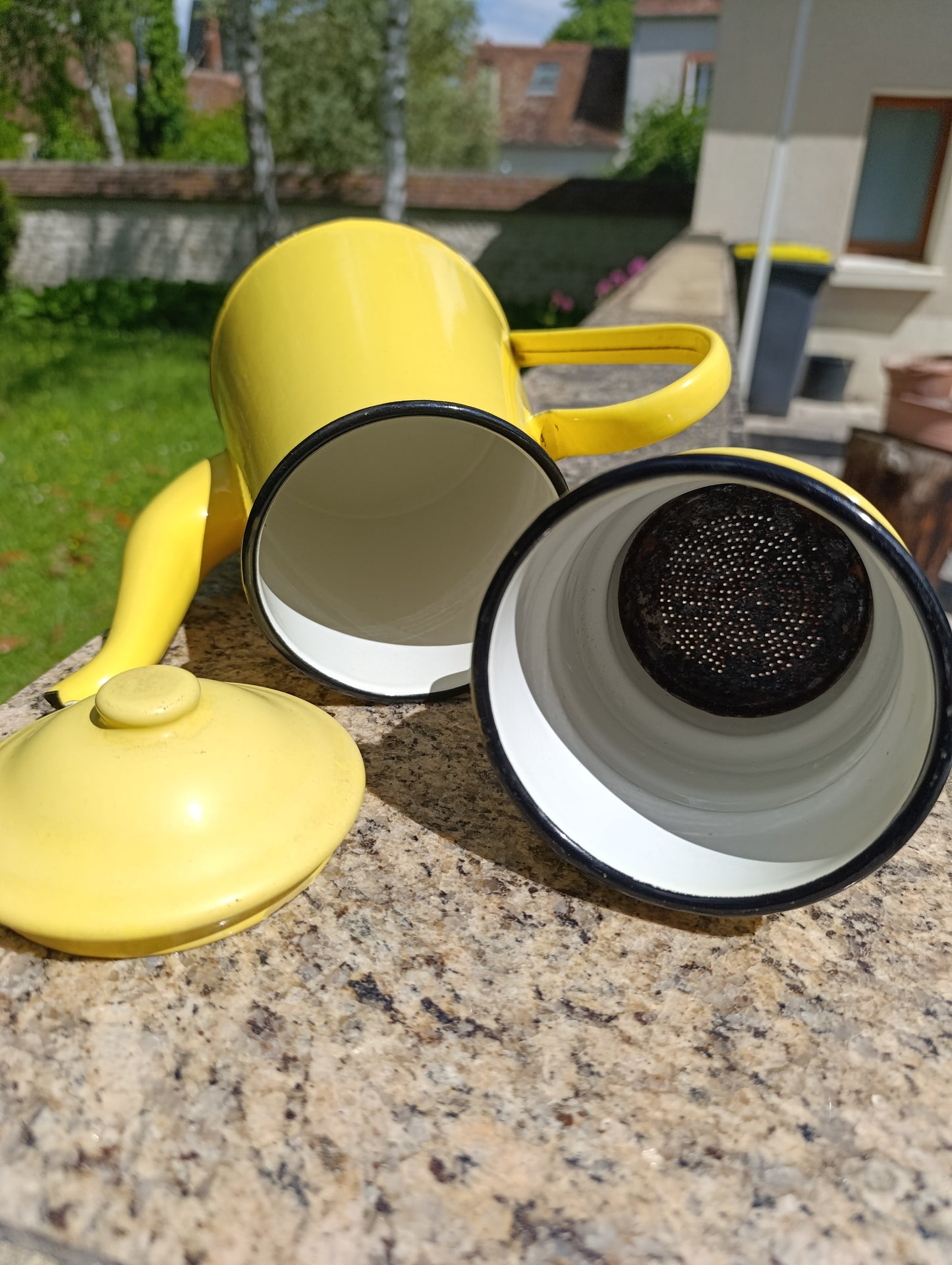 Ancienne cafetière émaillée jaune – cafetière filtre vintage en métal émaillé