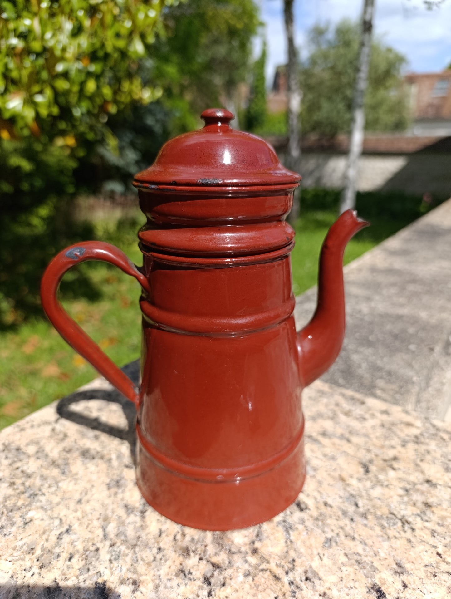 Cafetière filtre ancienne en tôle émaillée rouge bordeaux – cafetière vintage rétro cuisine campagne