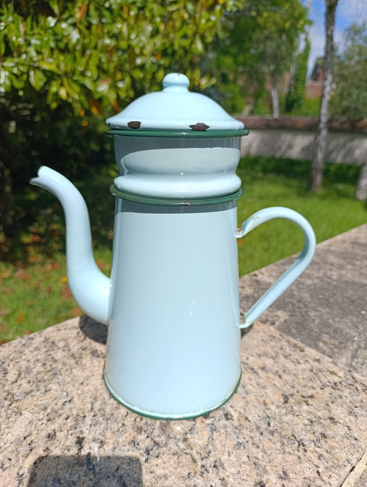 Grande cafetière filtre ancienne en tôle émaillée bleu pastel – cafetière vintage rétro cuisine campagne