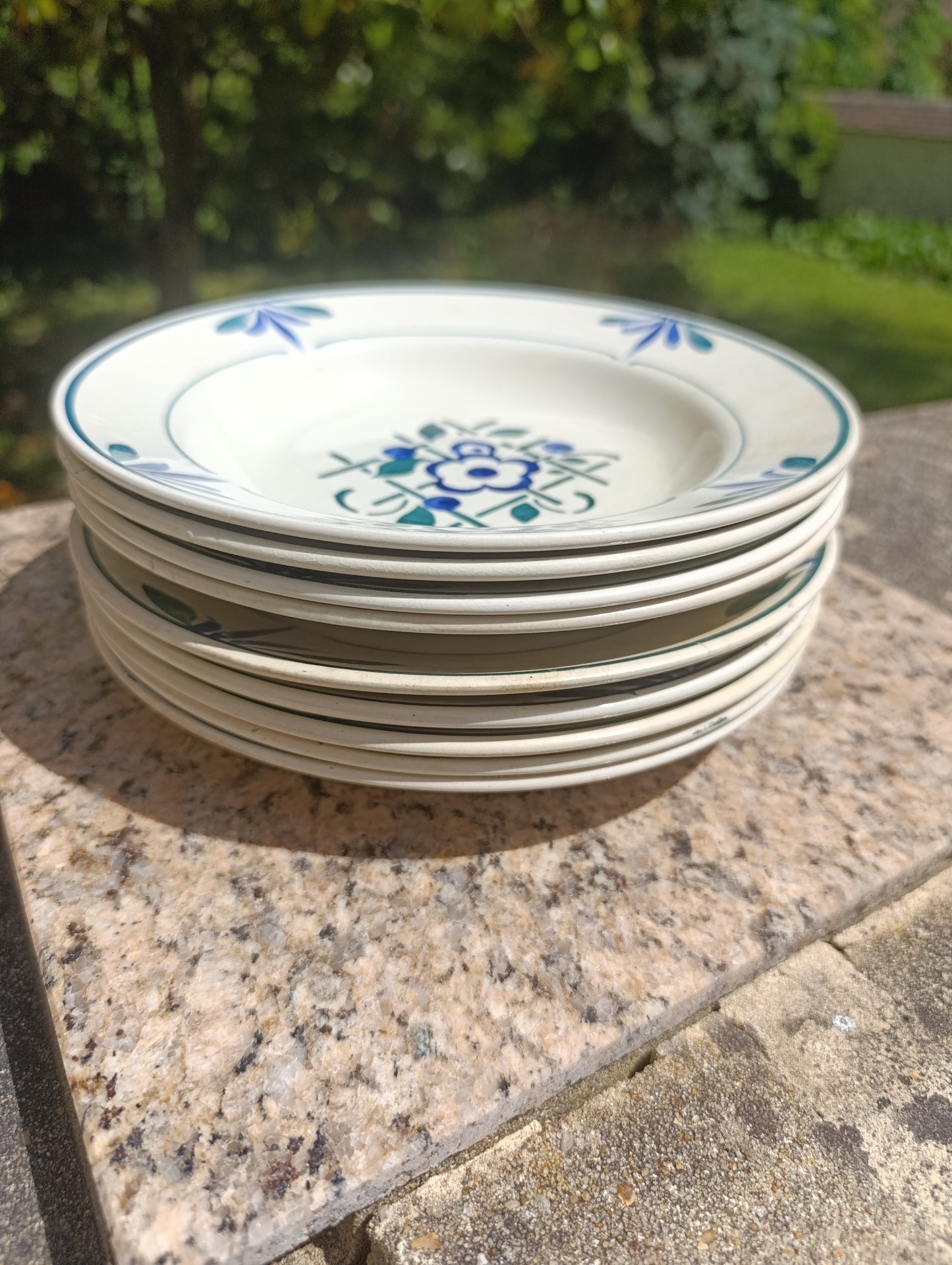 Lot de 9 assiettes anciennes Moulin des Loups Hamage – 5 plates + 4 creuses décor bleu