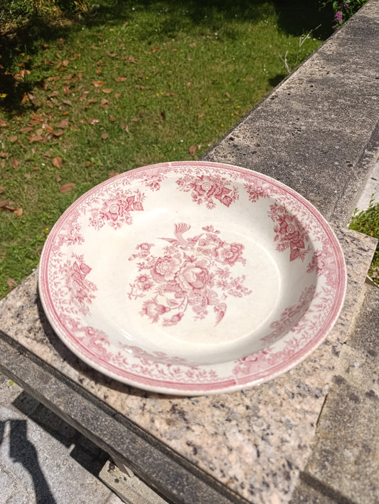 Grand plat creux vintage floral rose – vaisselle ancienne romantique