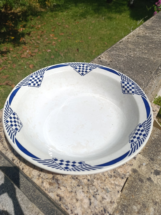 Grand saladier vintage bleu géométrique – faïence ancienne Art déco