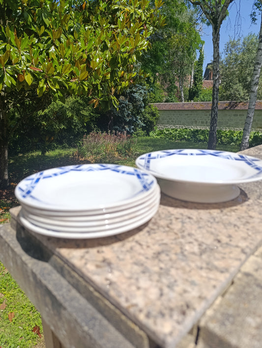 Lot ancien Moulin des Loups & Hamage “Archives” – 6 assiettes creuses + plat sur pied