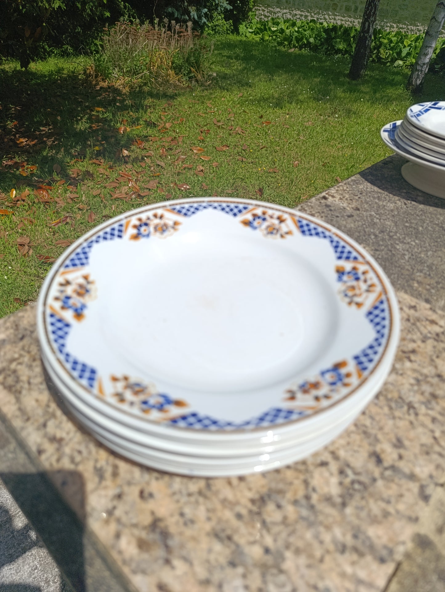 Lot de 7 assiettes plates anciennes Terre de Fer St Amand & Hamage – décor floral bleu et ocre