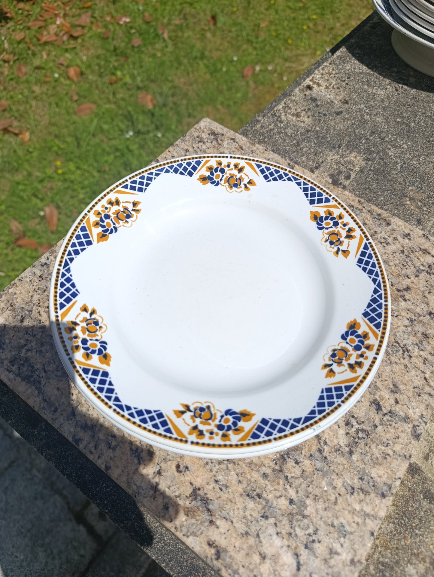 Lot de 7 assiettes plates anciennes Terre de Fer St Amand & Hamage – décor floral bleu et ocre