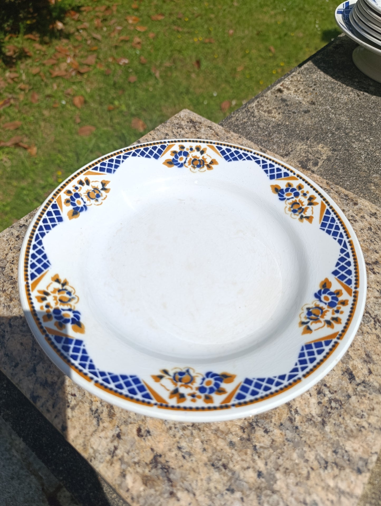 Lot de 7 assiettes plates anciennes Terre de Fer St Amand & Hamage – décor floral bleu et ocre