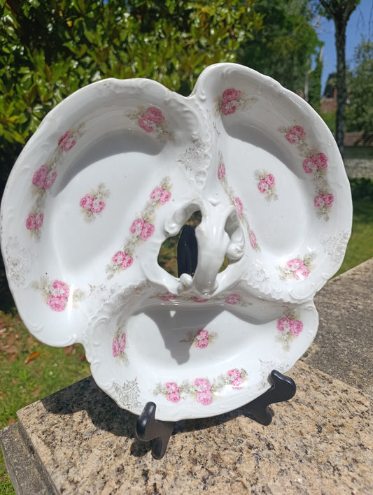 Serviteur ancien 3 compartiments en porcelaine – décor floral rose
