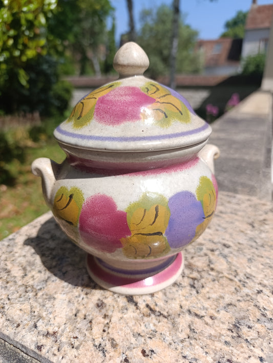 Sucrier ancien en céramique MHBFA – décor floral multicolore peint main