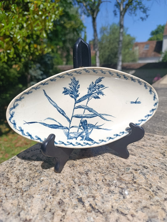 Plat ovale ancien GIEN Terre de Fer modèle Congo – décor bleu végétal