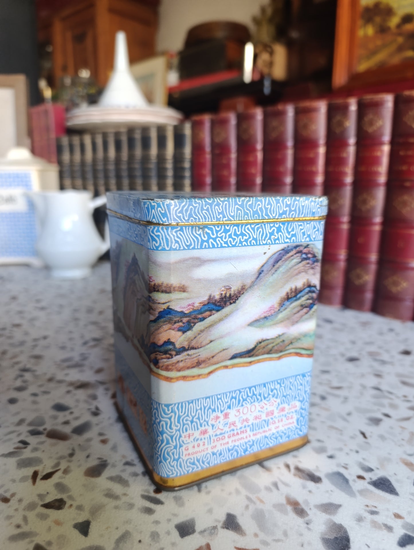 Boîte ancienne en métal – China Green Tea – Décor paysage asiatique