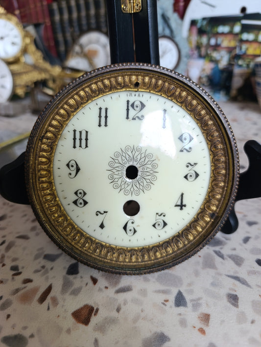 Cadran ancien émaillé de pendule avec porte-verre laiton diamètre 11,1 cm