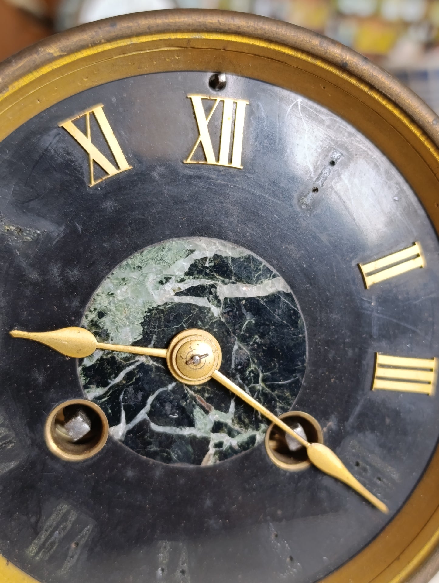 Mouvement d’horloge ancienne Japy Frères avec cadran noir et décor marbré – pièce horlogerie XIXe siècle