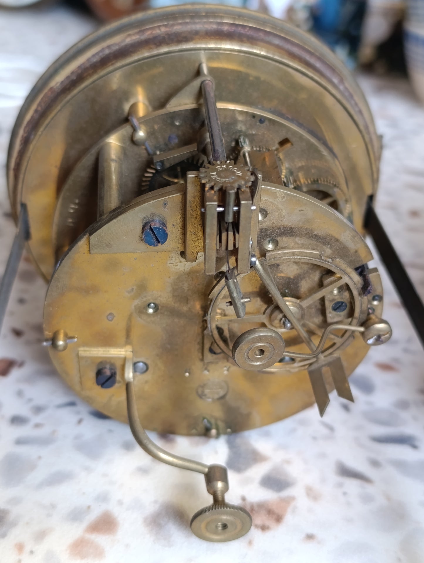 Mouvement d’horloge ancienne Japy Frères avec cadran noir et décor marbré – pièce horlogerie XIXe siècle
