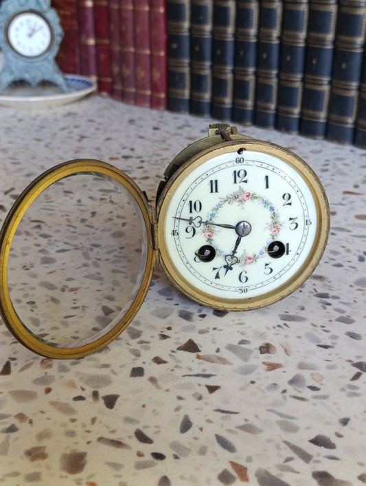 Mouvement d'horloge ancien Japy Frères avec cadran émaillé fleuri et balancier – Ø 10,6 cm