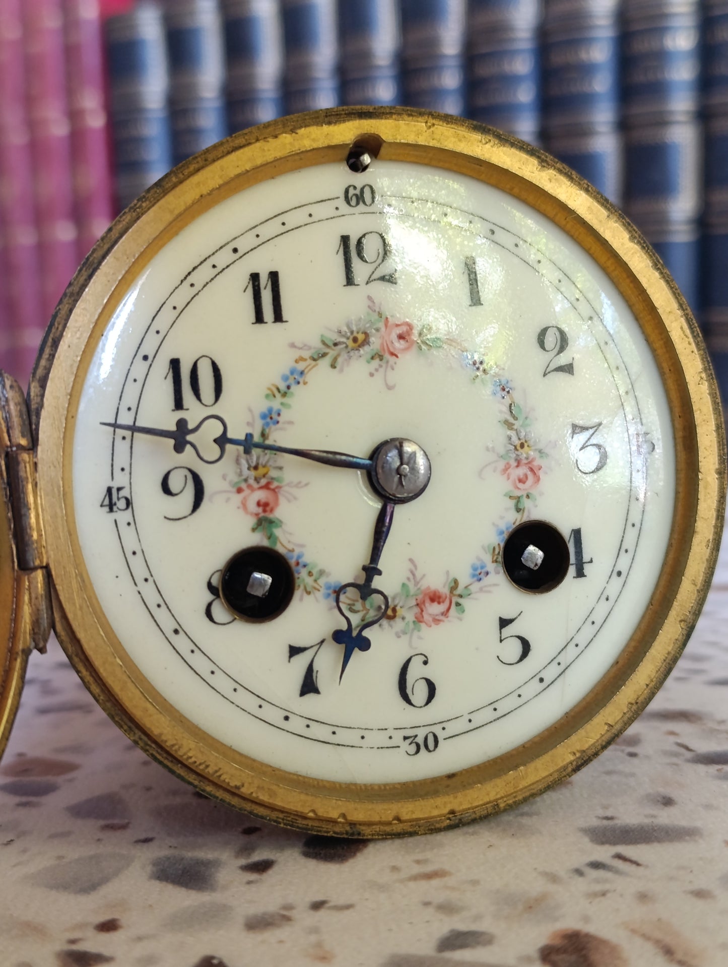 Mouvement d'horloge ancien Japy Frères avec cadran émaillé fleuri et balancier – Ø 10,6 cm