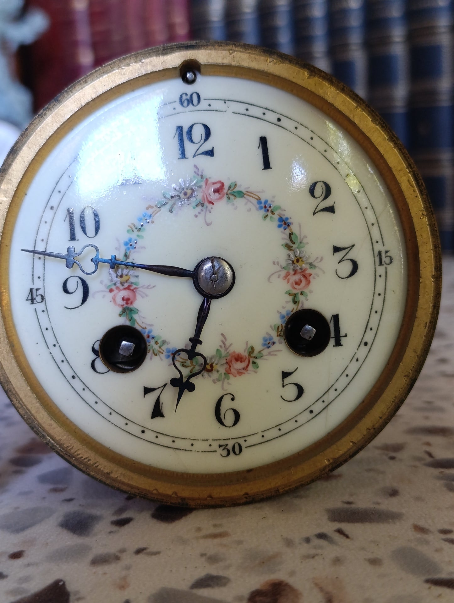 Mouvement d'horloge ancien Japy Frères avec cadran émaillé fleuri et balancier – Ø 10,6 cm