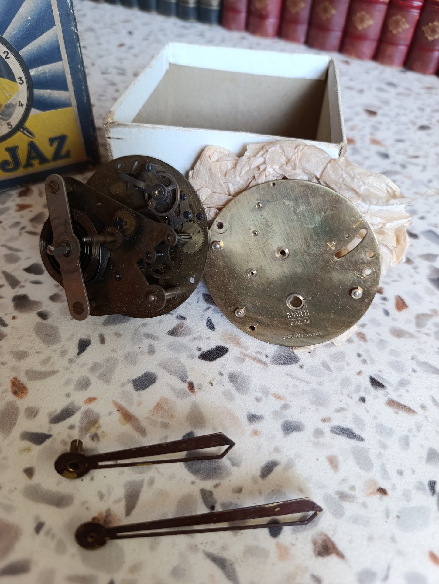 Mouvement ancien de réveil JAZ Marti S. & Cie avec boîte d'origine – Lot de pièces détachées pour restauration