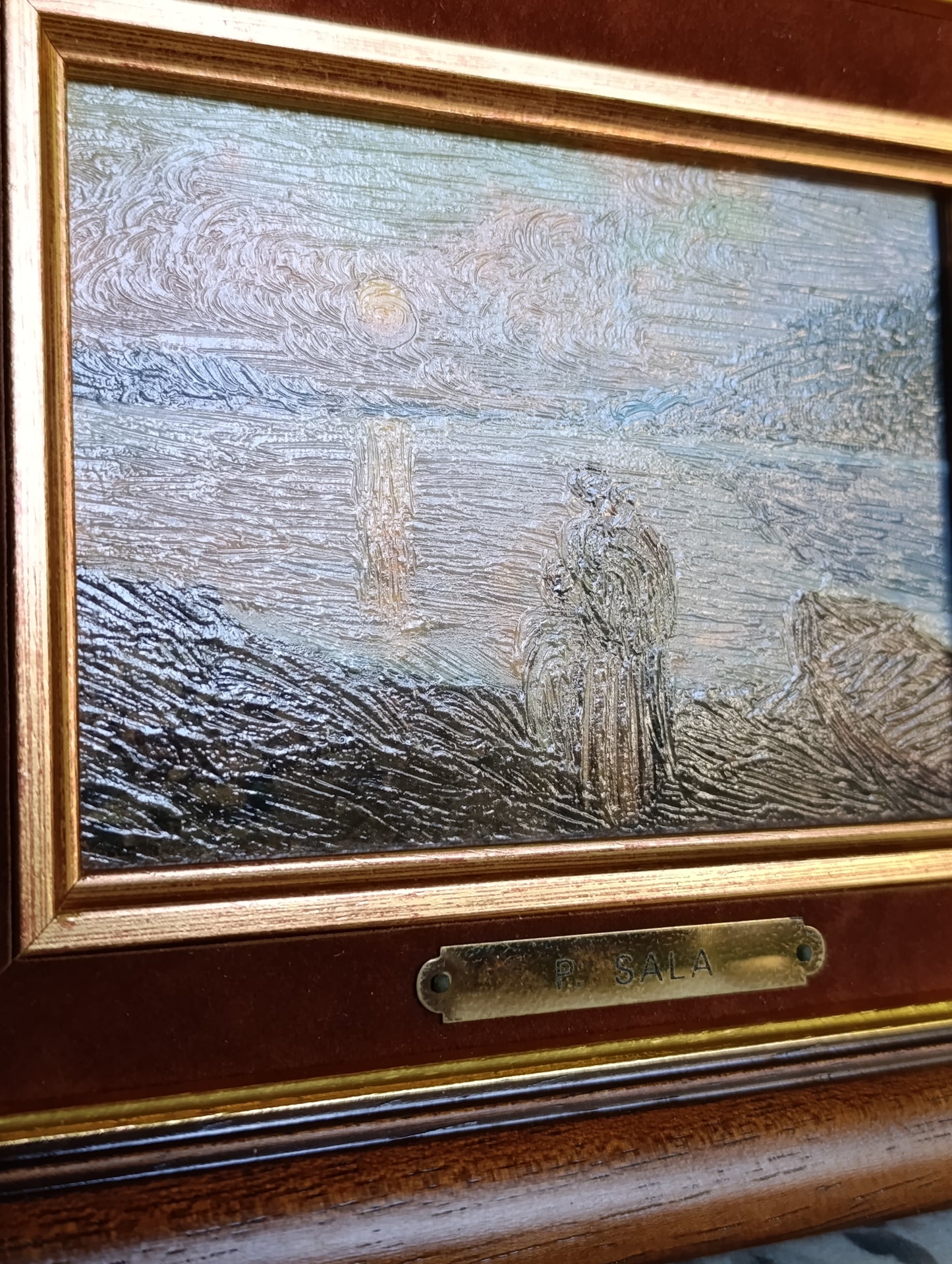 Tableau P. Sala bord de lac au clair de lune avec cadre en bois – 21 x 25 cm