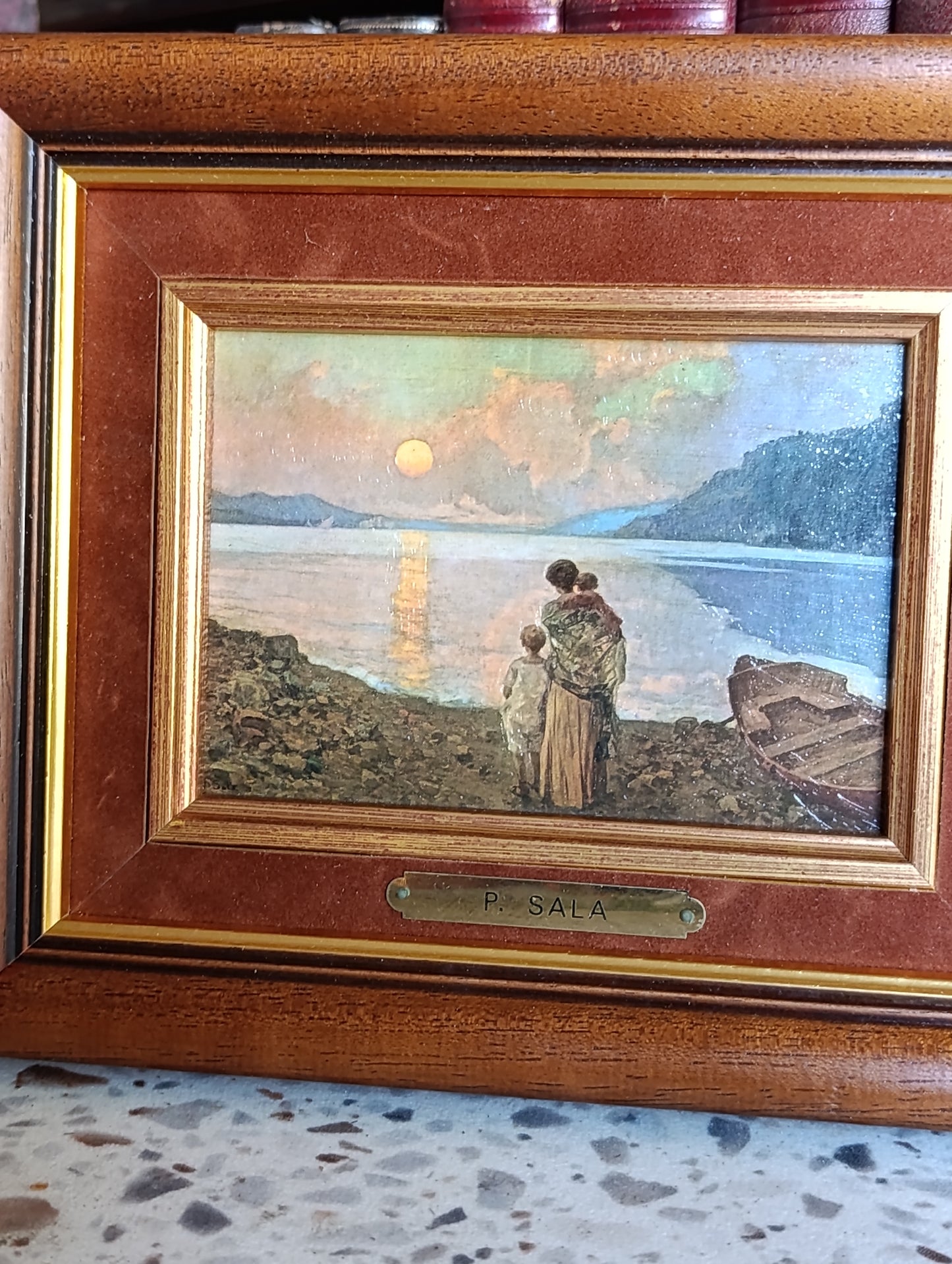 Tableau P. Sala bord de lac au clair de lune avec cadre en bois – 21 x 25 cm