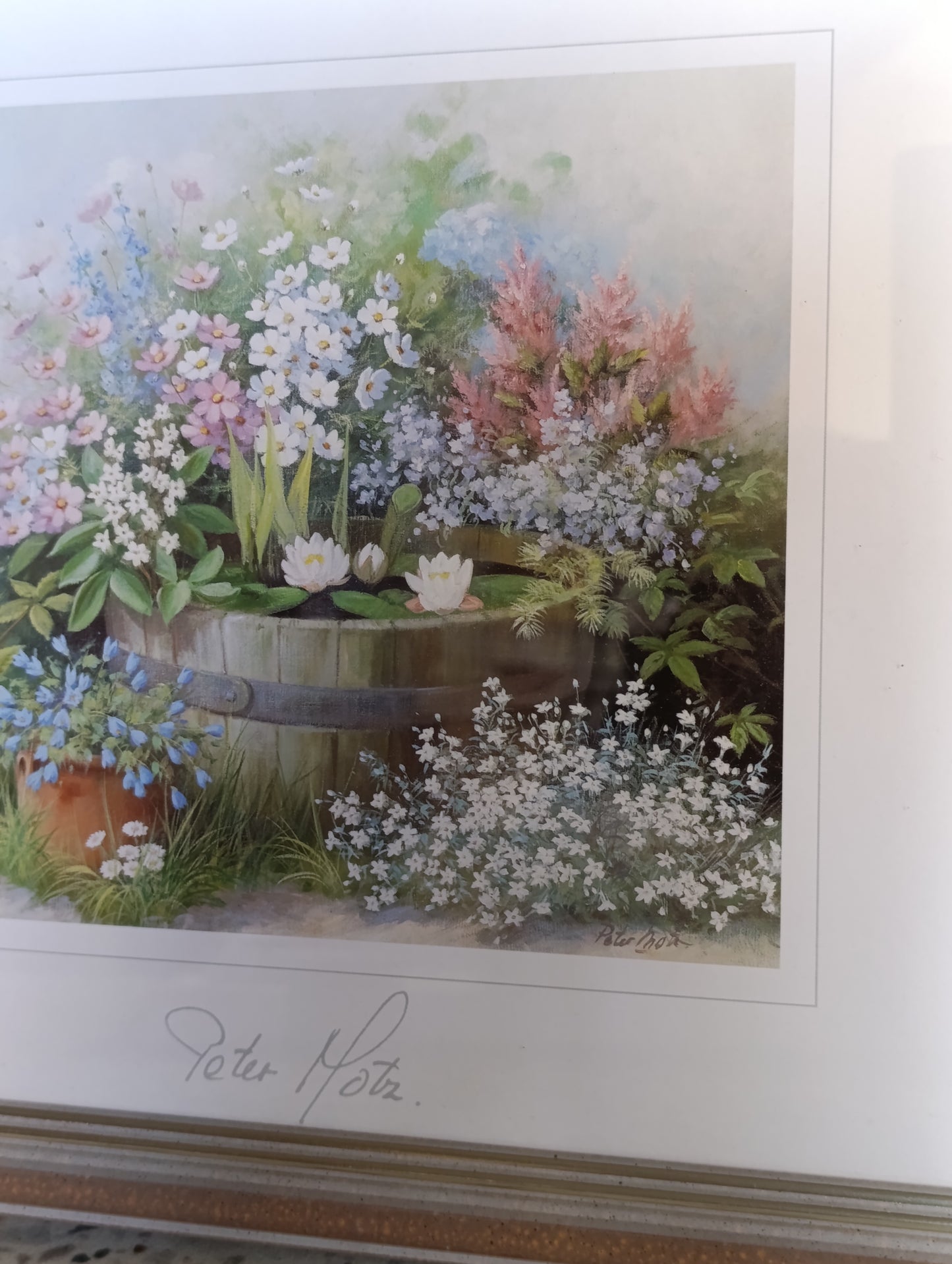 Reproduction Peter Motz Fleurs de jardin au bassin avec nénuphars encadrée – 24 x 30 cm