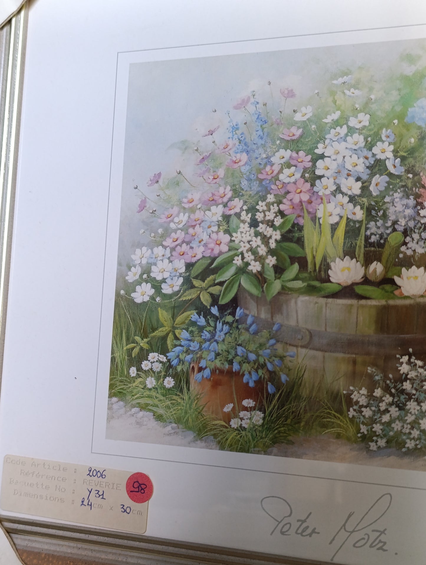 Reproduction Peter Motz Fleurs de jardin au bassin avec nénuphars encadrée – 24 x 30 cm