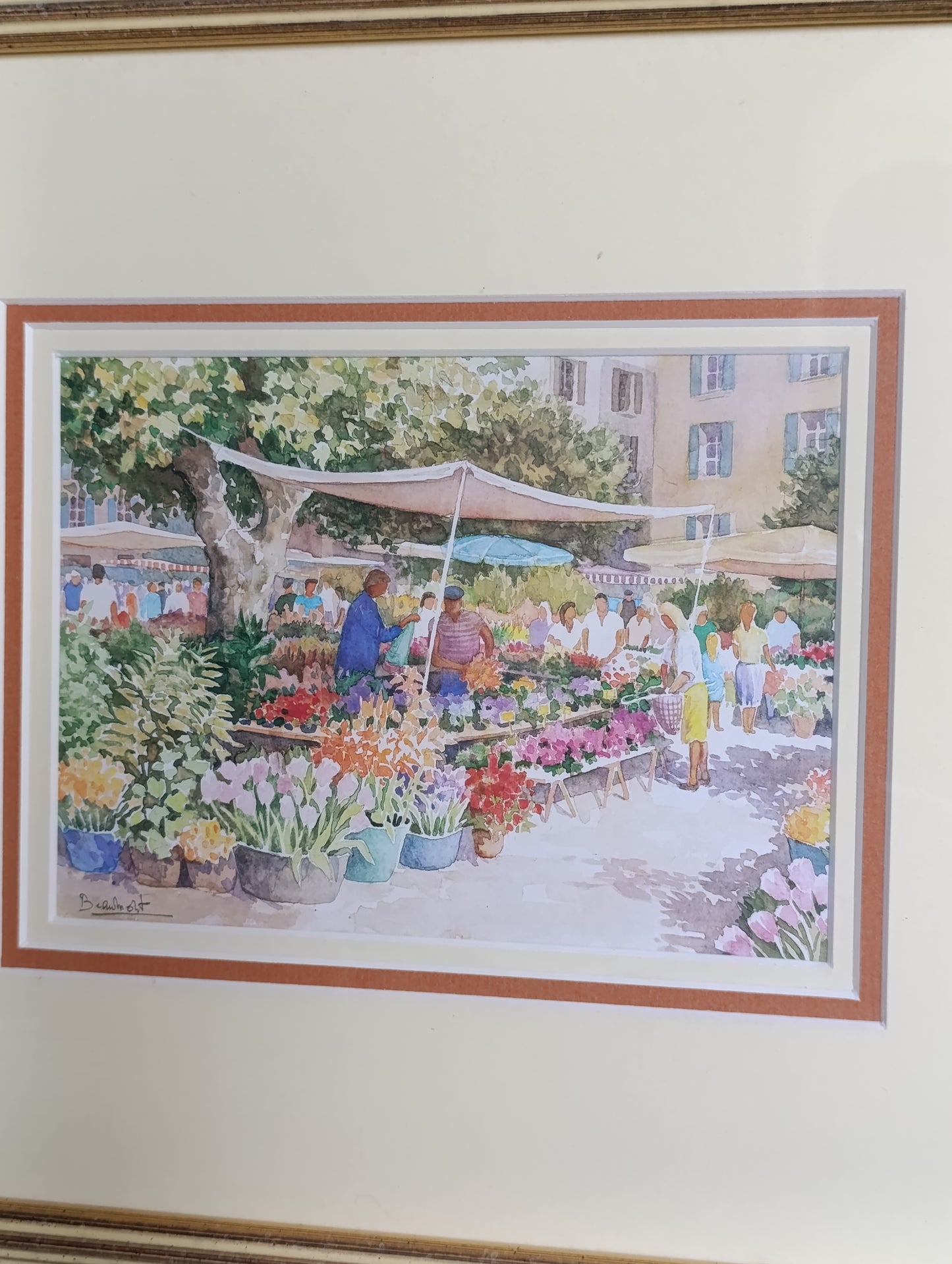 Aquarelle encadrée Marché aux fleurs provençal – scène de village colorée 28 x 32,2 cm