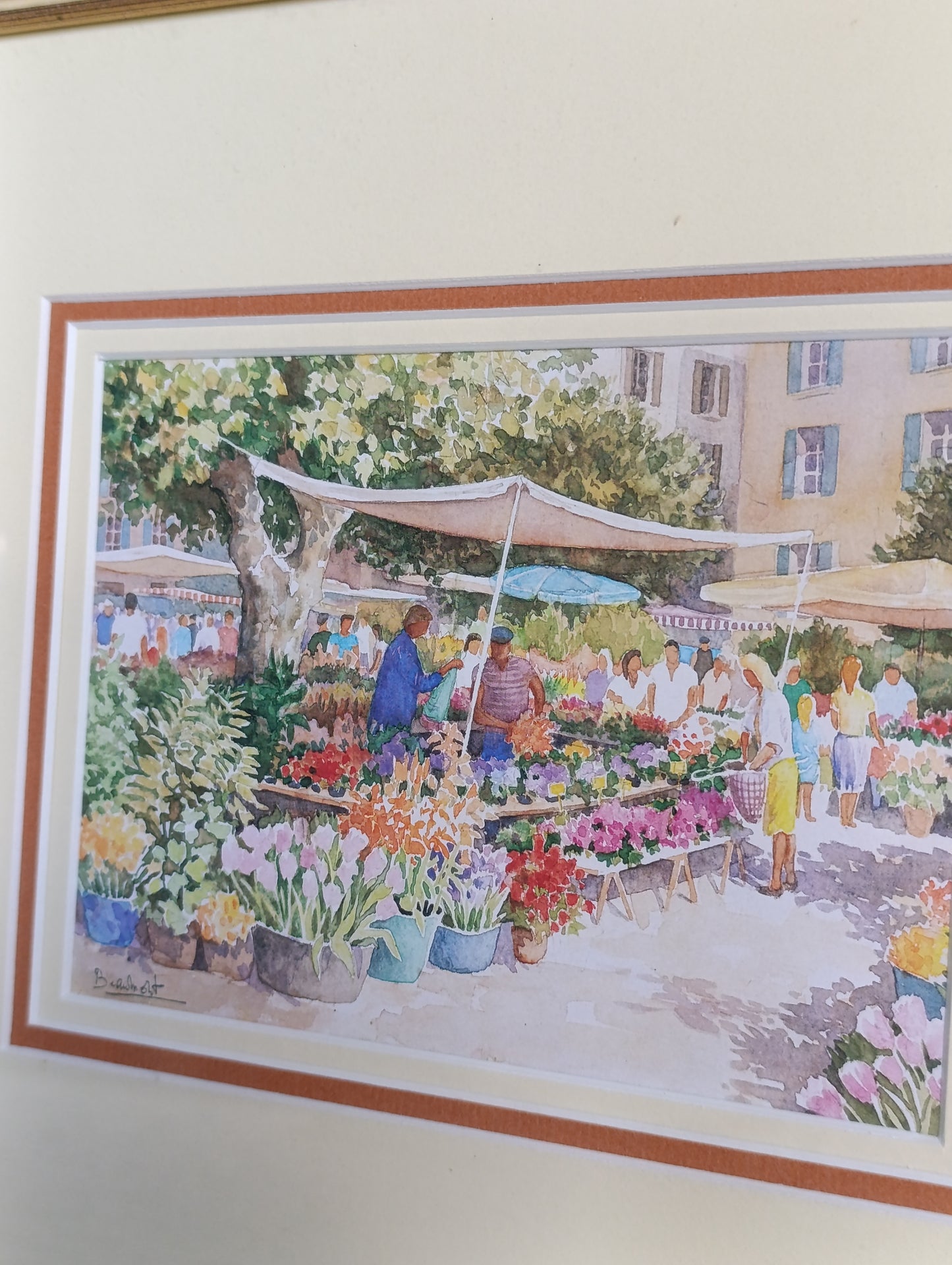 Aquarelle encadrée Marché aux fleurs provençal – scène de village colorée 28 x 32,2 cm