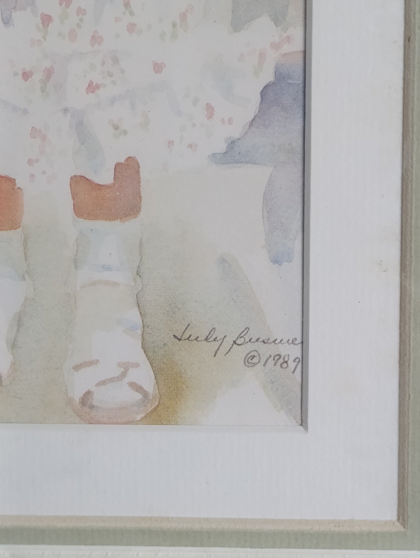 Tableau encadré enfant enlacé – reproduction d’aquarelle Lucy Dawson 1989 – 33,3 x 28,2 cm
