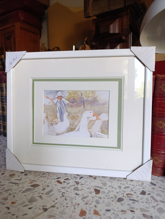 Tableau encadré fillette et oies – reproduction d’aquarelle Lucy Dawson – 33 x 28 cm