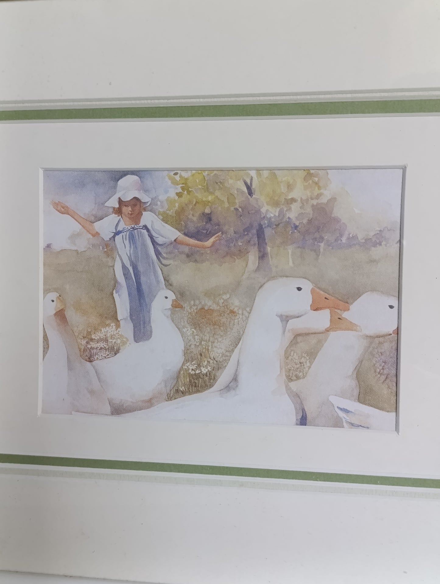 Tableau encadré fillette et oies – reproduction d’aquarelle Lucy Dawson – 33 x 28 cm