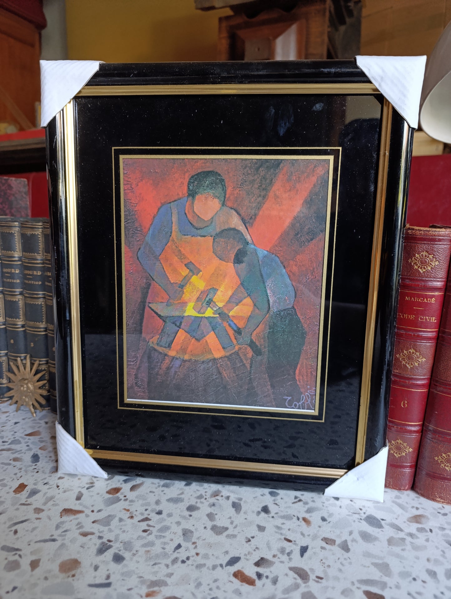 Lot de 2 tableaux encadrés – Reproductions style art naïf – Artisans au travail – 34 x 28 cm