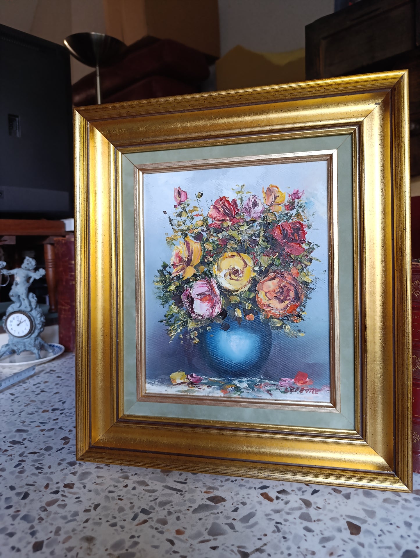 Tableau original signé Lefèvre – Nature morte au bouquet de fleurs – Huile sur toile encadrée avec certificat d'authenticité
