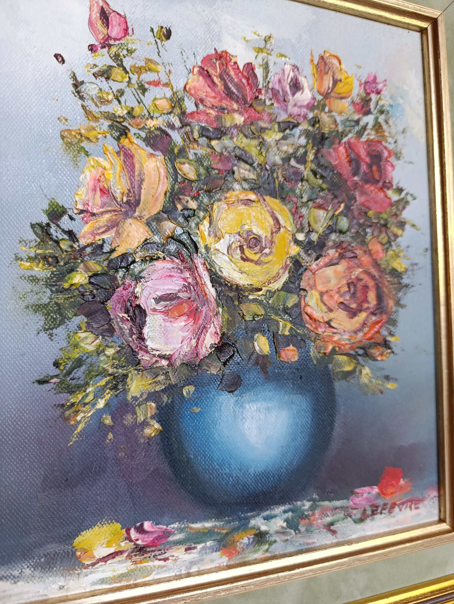 Tableau original signé Lefèvre – Nature morte au bouquet de fleurs – Huile sur toile encadrée avec certificat d'authenticité