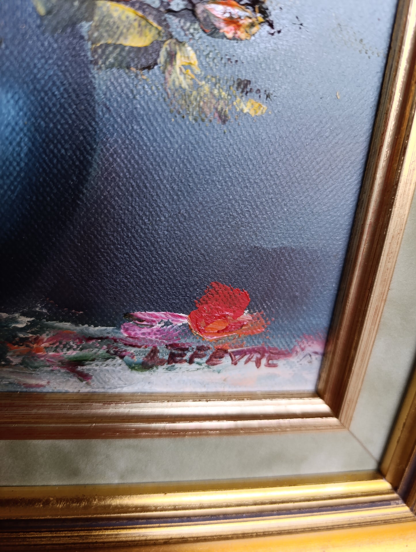 Tableau original signé Lefèvre – Nature morte au bouquet de fleurs – Huile sur toile encadrée avec certificat d'authenticité