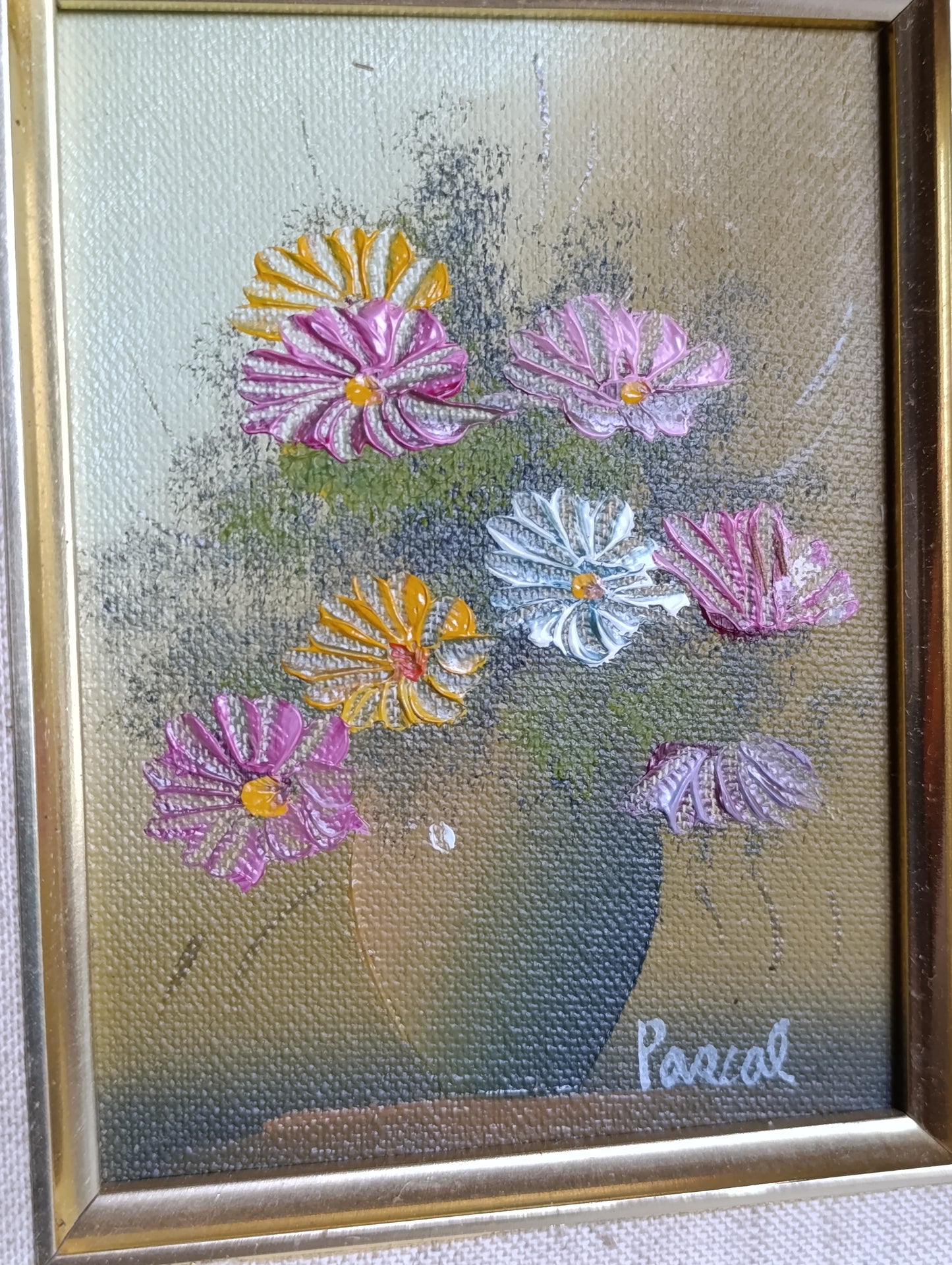 Petit tableau original signé Pascal – Bouquet de fleurs – Huile sur panneau encadrée vintage