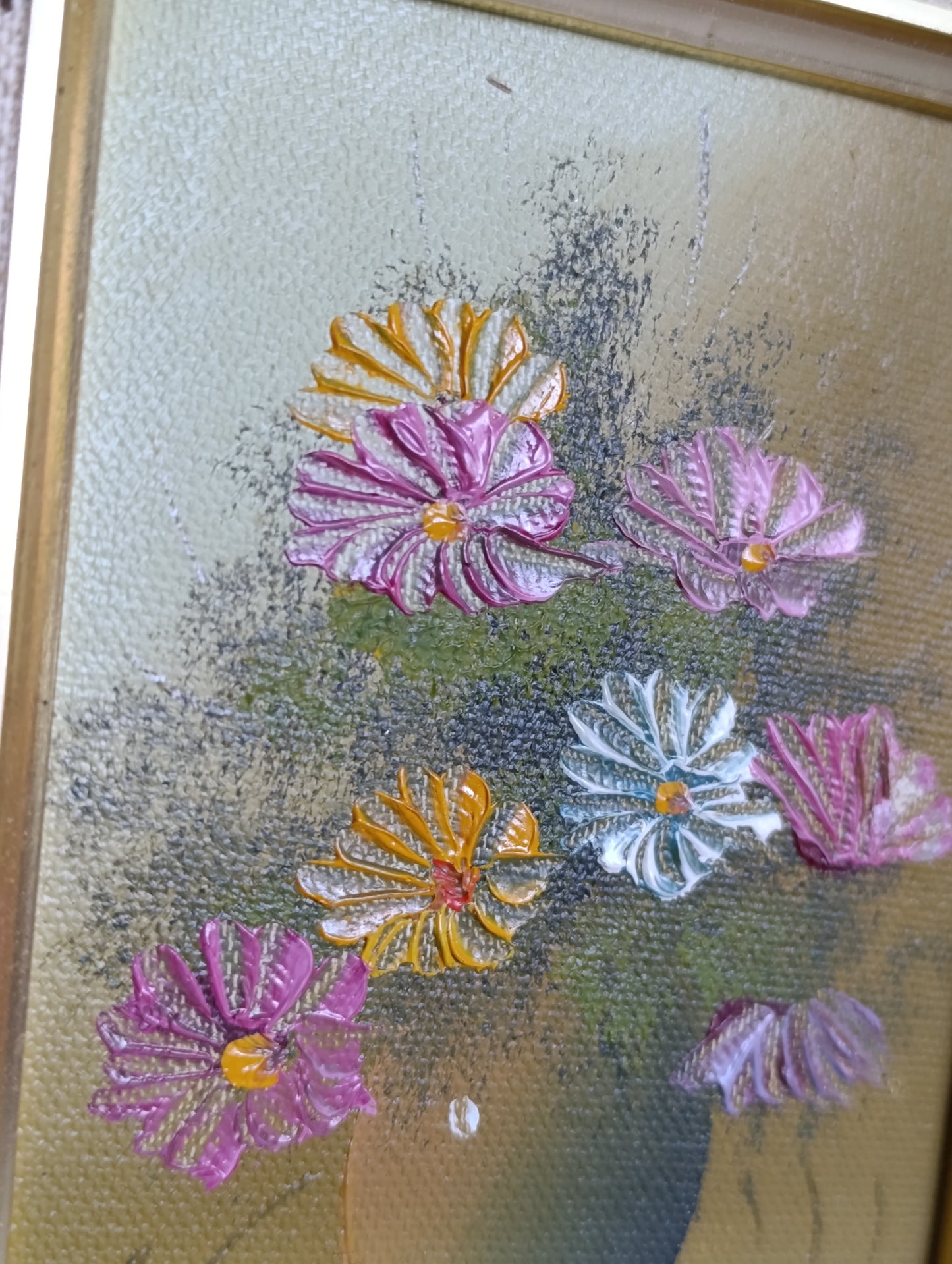 Petit tableau original signé Pascal – Bouquet de fleurs – Huile sur panneau encadrée vintage