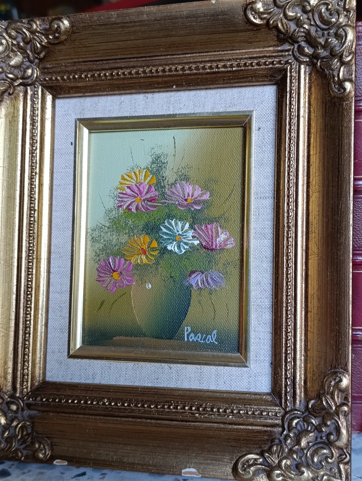 Petit tableau original signé Pascal – Bouquet de fleurs – Huile sur panneau encadrée vintage