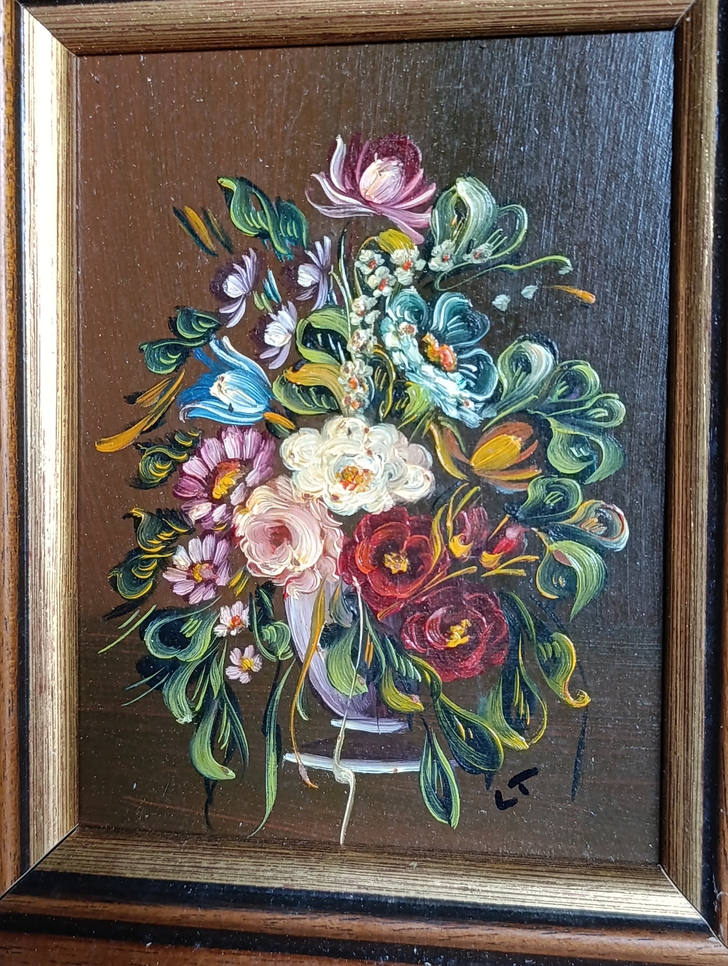 Tableau bouquet de fleurs – Huile sur panneau encadrée – Nature morte signée