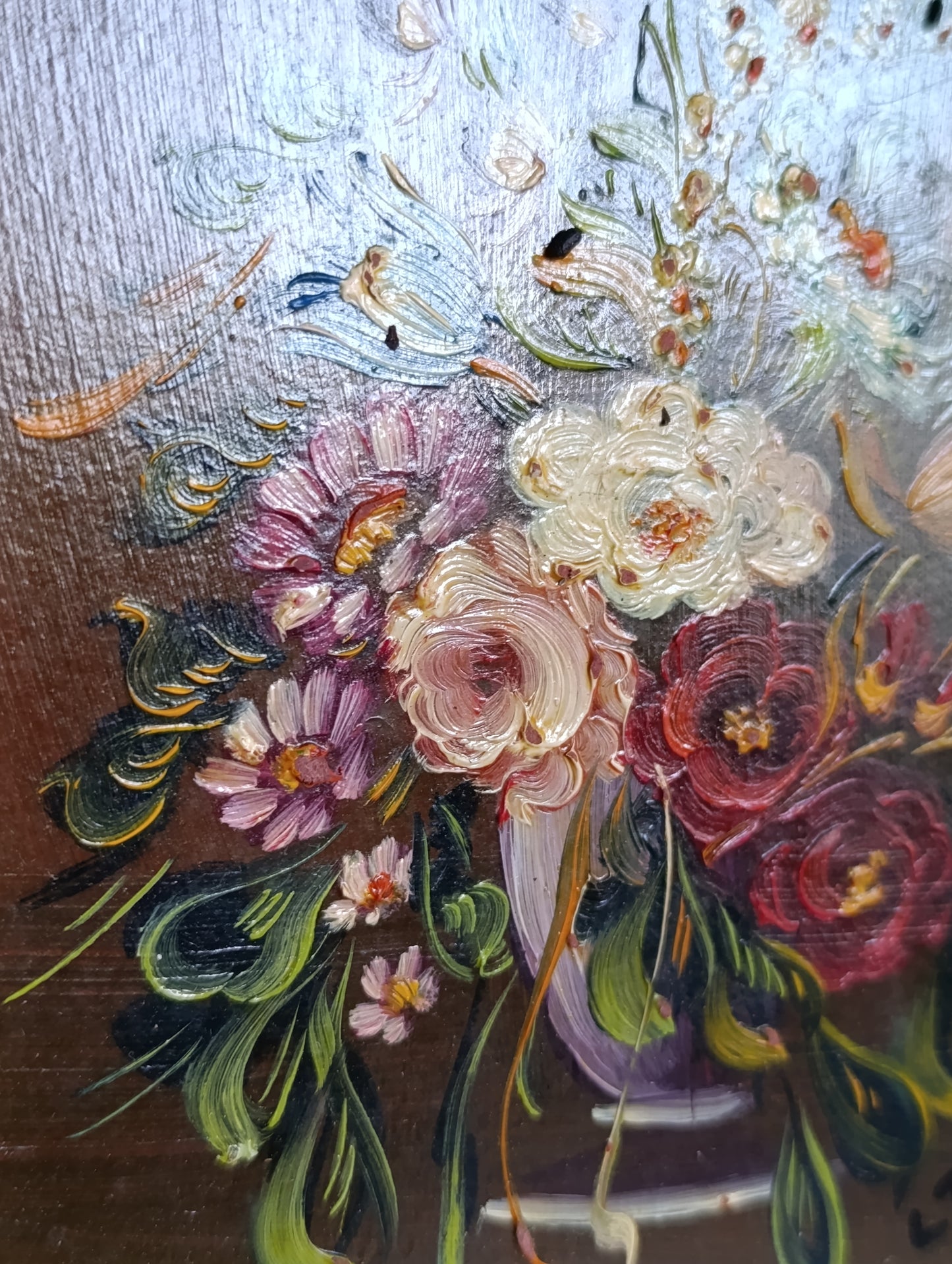 Tableau bouquet de fleurs – Huile sur panneau encadrée – Nature morte signée