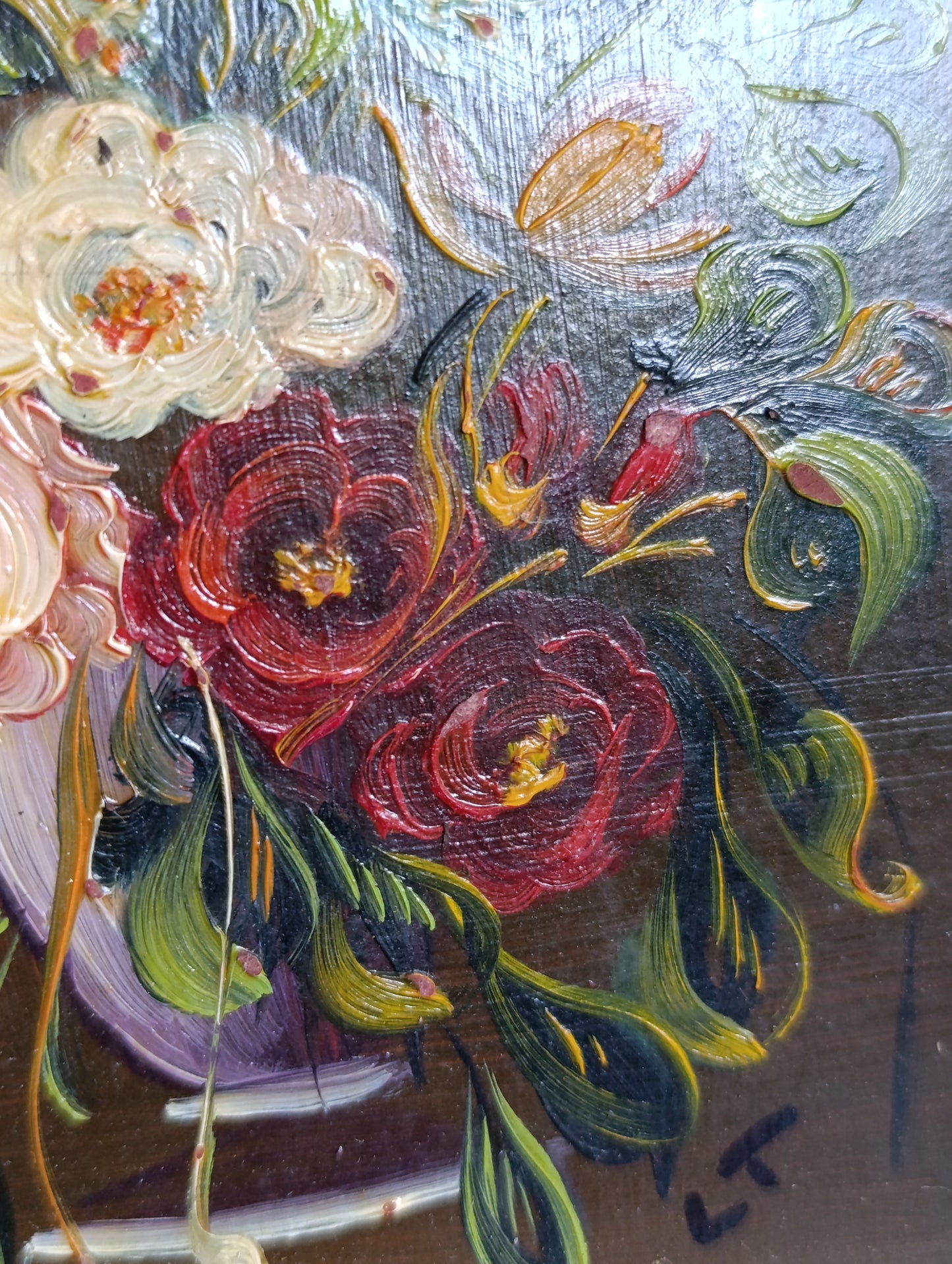 Tableau bouquet de fleurs – Huile sur panneau encadrée – Nature morte signée