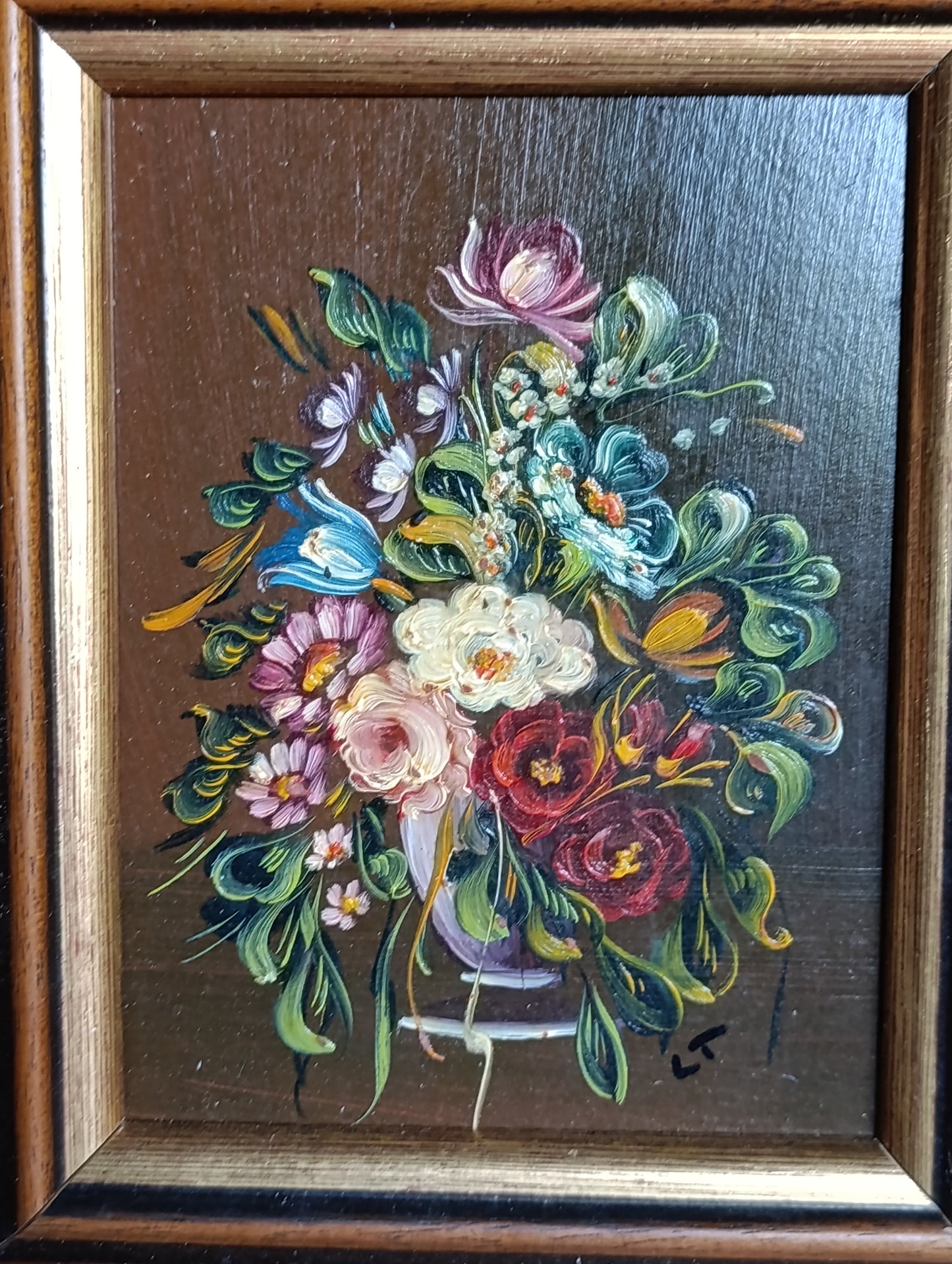 Tableau bouquet de fleurs – Huile sur panneau encadrée – Nature morte signée